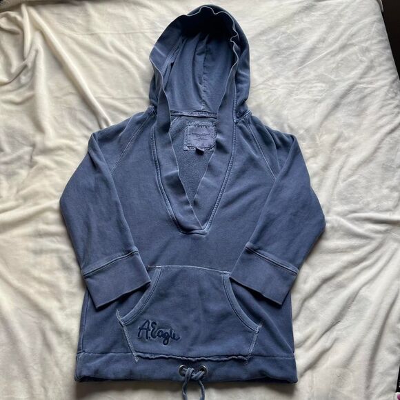 Vintage Y2K American Eagle blue v-neck hoodie with 3/4 sleeves size medium - Picture 1 of 7